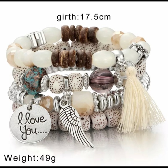 SET/ 4 Chic Beaded Boho Hippie Bracelets Cream - Picture 6 of 9